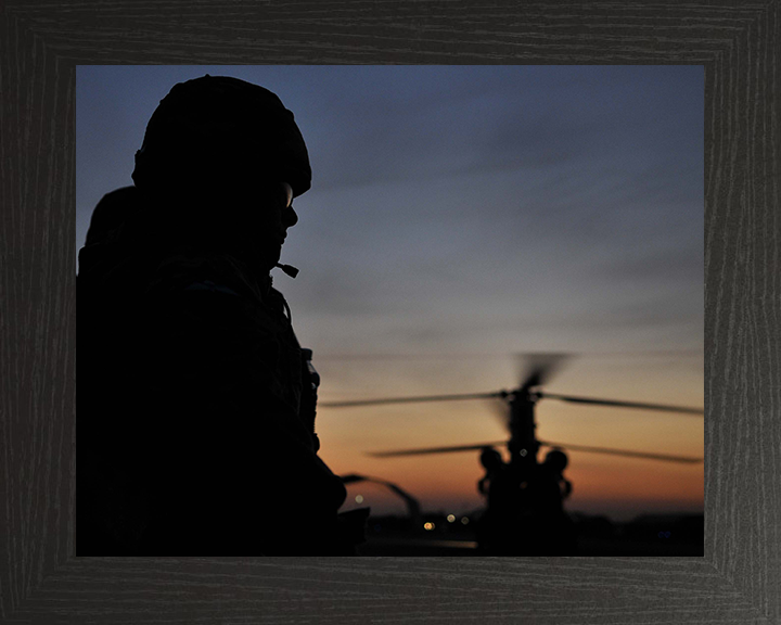 RAF Regiment Silhouette with Chinook Helicopter Photo Print - Royal Air Force Hampshire Prints 10 x 8 Black Frame No