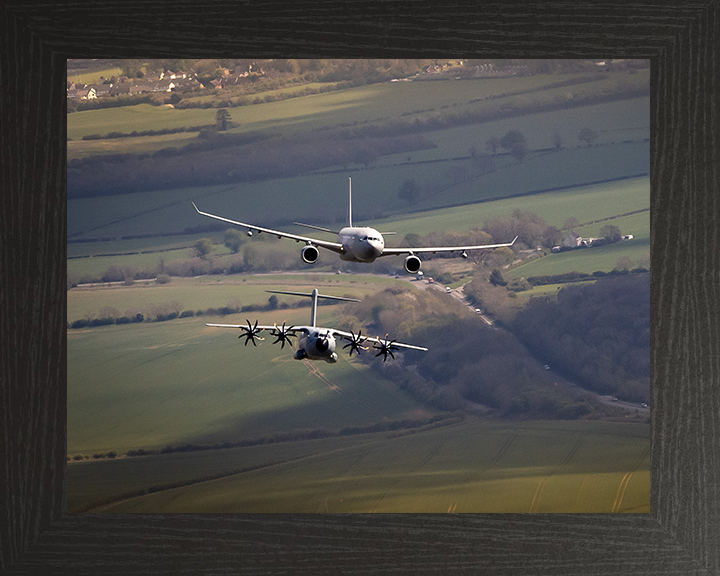 RAF Voyager and C-130J Hercules above RAF College Cranwell Photo Print - Royal Air Force Aircraft Hampshire Prints 10 x 8 Black Frame No