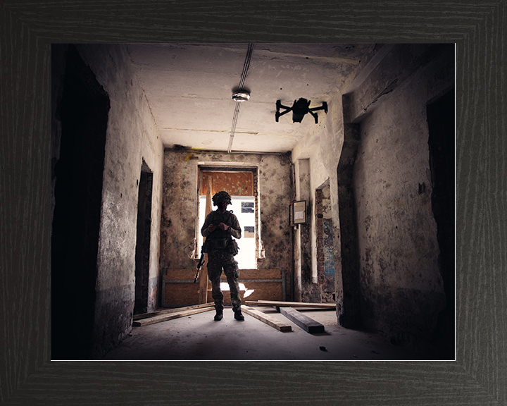 British Army Soldier Operating a Parrot Drone Urban Warfare Training Photo Print Military Decor Posters, Prints, & Visual Artwork Hampshire Prints 10 x 8 Black Frame No