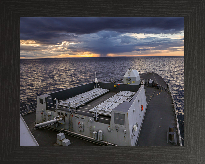 HMS Dragon (D35) Photo Print - Forecastle Sunset - Royal Navy Type 45 Destroyer Hampshire Prints 10 x 8 Black Frame No