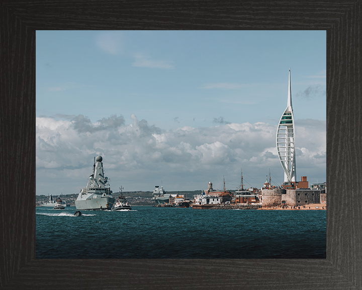 HMS Dauntless (D33) Photo Print - Leaving Portsmouth 2025 - Royal Navy Type 45 Destroyer Hampshire Prints 10 x 8 Black Frame No
