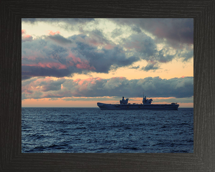 HMS Prince of Wales (R09) Photo Print - At sunset - Royal Navy Queen Elizabeth Class Aircraft Carrier Hampshire Prints 10 x 8 Black Frame No