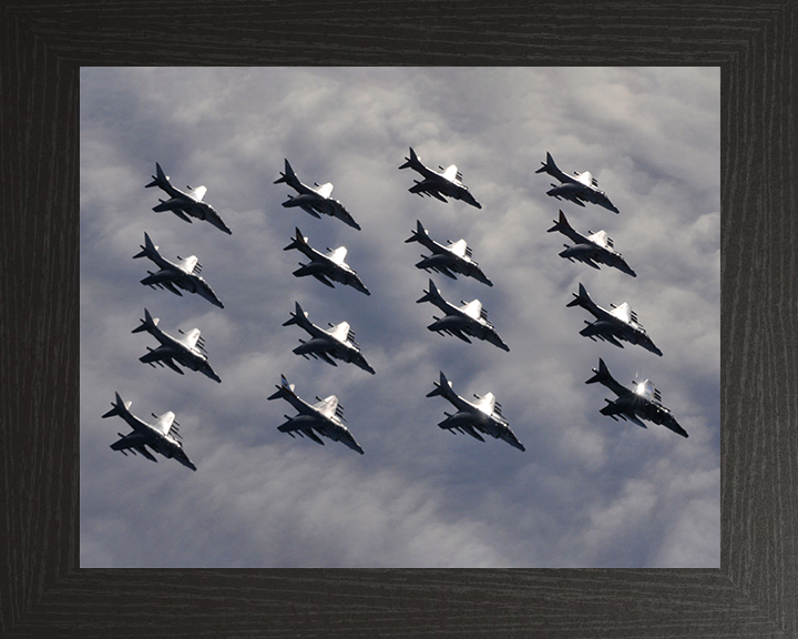 Sixteen RAF Harrier GR7 Jets in formation Photo Print - Royal Air Force Aircraft Posters, Prints, & Visual Artwork Hampshire Prints 10 x 8 Black Frame No