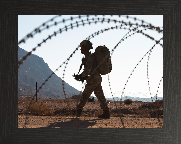 Soldier behind barbed wire Photo Print - British Army Hampshire Prints 10 x 8 Black Frame No