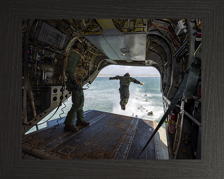 Royal Marine Commando helocasting from a Chinook Photo Print - 40 Commando Hampshire Prints 10 x 8 Black Frame No