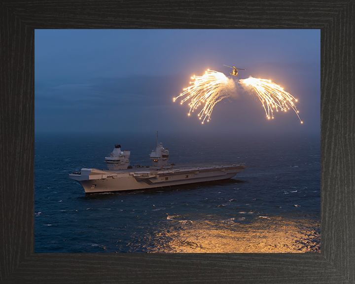 HMS Prince of Wales (R09) Photo Print - With Merlin - Royal Navy Queen Elizabeth Class Aircraft Carrier Hampshire Prints 10 x 8 Black Frame No