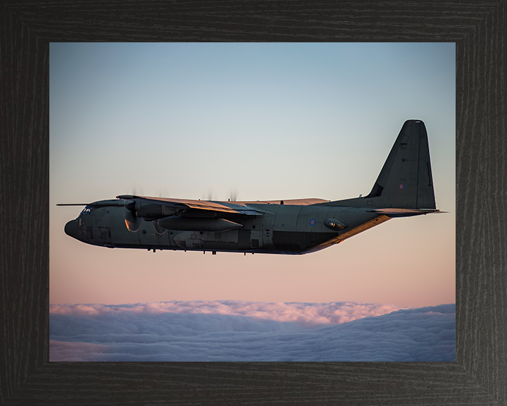 RAF C130J Hercules Flying at Sunset 2018 Photo Print - Royal Air Force Aircraft Posters, Prints, & Visual Artwork Hampshire Prints 10 x 8 Black Frame No