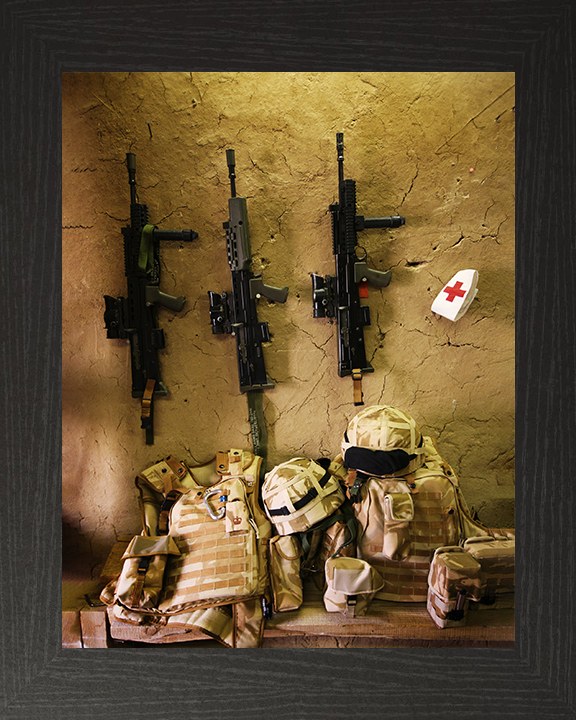 Royal Marines SA80s and kit on a wall in Afghanistan Photo Print Hampshire Prints 10 x 8 Black Frame No