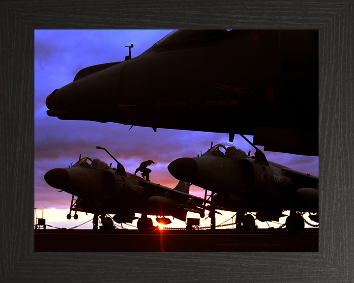 Harrier FA2s and GR7s on a Flightdeck at Sunset Photo Print - Royal Navy Aircraft Posters, Prints, & Visual Artwork Hampshire Prints 10 x 8 Black Frame No