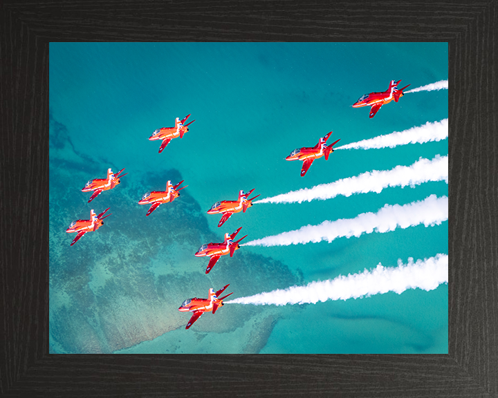 RAF Red Arrows fly over the sea in Formation Photo Print - Royal Air Force Aircraft Hampshire Prints 10 x 8 Black Frame No