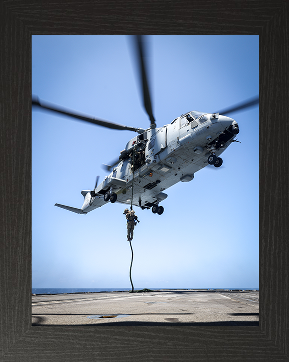 Royal Marine Commando Fast Roping from a Merlin Photo Print - 42 Commando Hampshire Prints 10 x 8 Black Frame No