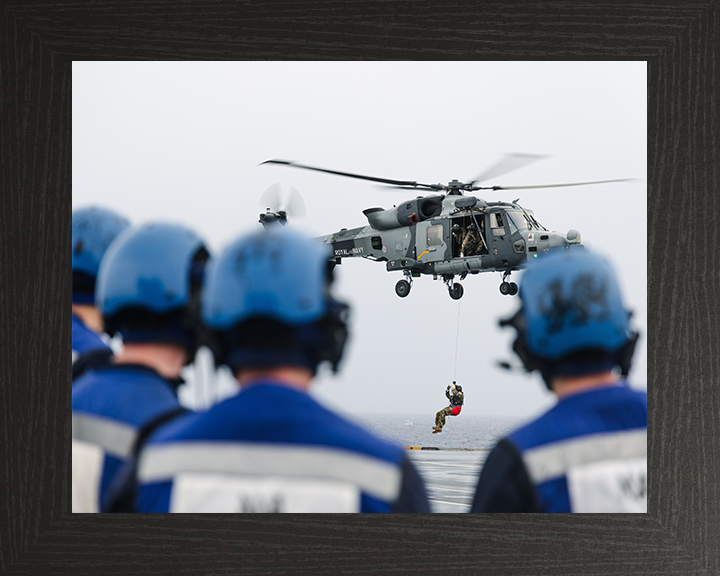 Wildcat Helicopter Winching on HMS Prince of Wales Photo Print - Royal Navy Aircraft Hampshire Prints 10 x 8 Black Frame No