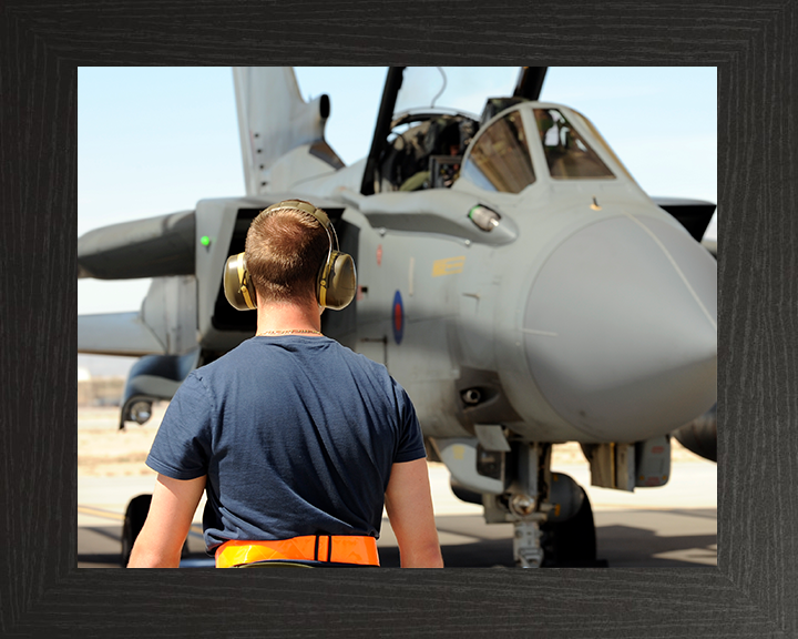 RAF Ground Crew Marshalling a Tornado GR4 Jet Photo Print - Royal Air Force Posters, Prints, & Visual Artwork Hampshire Prints 10 x 8 Black Frame No