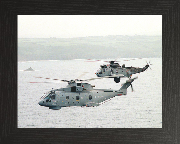 Merlin and Sea King Helicopter off Cornwall Photo Print - Royal Navy Aircraft Posters, Prints, & Visual Artwork Hampshire Prints 10 x 8 Black Frame No