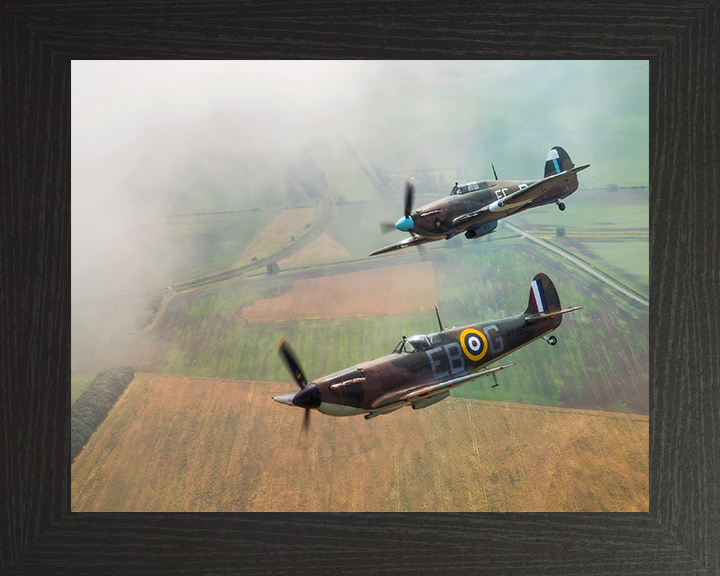 RAF Spitfire and Hurricane in flight Photo Print - Royal Air Force Aircraft Hampshire Prints 10 x 8 Black Frame No