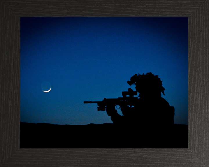 Royal Marine Commando silhouette at dusk Photo Print - 40 Commando Hampshire Prints 10 x 8 Black Frame No