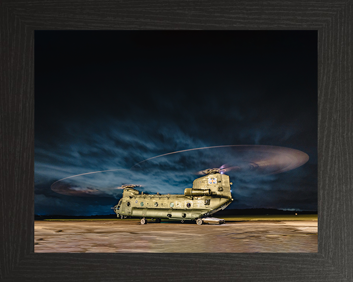 RAF Chinook Helicopter Night Takeoff Photo Print - Royal Air Force Aircraft Hampshire Prints 10 x 8 Black Frame No