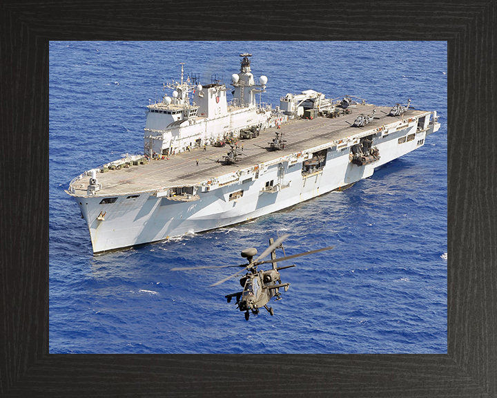 HMS Ocean (L12) Photo Print - With Apache 2011 - Royal Navy Landing Platform Helicopter Hampshire Prints 10 x 8 Black Frame No