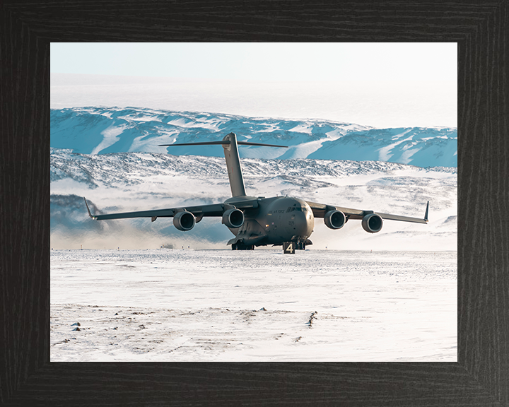 RAF C-17 Globemaster Taxis on a Snowy Runway 2026 Photo Print Royal Air Force Aircraft Wall Art Posters, Prints, & Visual Artwork Hampshire Prints 10 x 8 Black Frame No