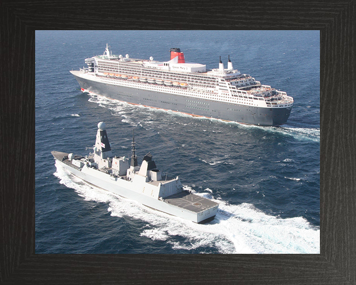 HMS Defender (D36) Photo Print - With Queen Mary 2 - Royal Navy Type 45 Destroyer Hampshire Prints 10 x 8 Black Frame No