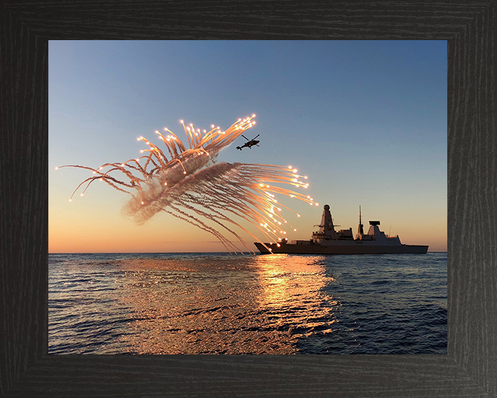HMS Diamond (D34) Photo Print - With Flares 2018 - Royal Navy Type 45 Destroyer Hampshire Prints 10 x 8 Black Frame No