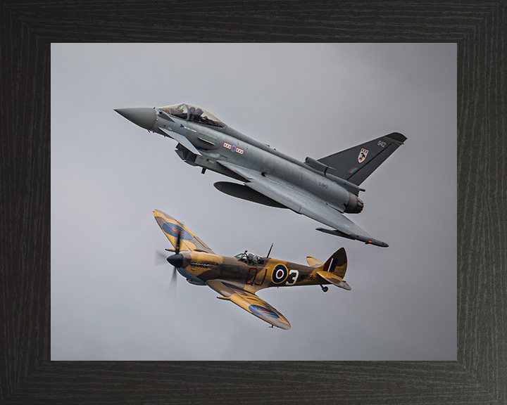 Typhoon FGR4 and RAF Spitfire in flight Photo Print - Royal Air Force Aircraft Hampshire Prints 10 x 8 Black Frame No