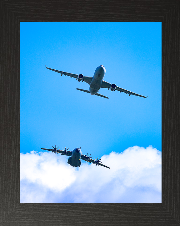RAF Voyager and A400M Atlas in flight Photo Print - Royal Air Force Aircraft Hampshire Prints 10 x 8 Black Frame No