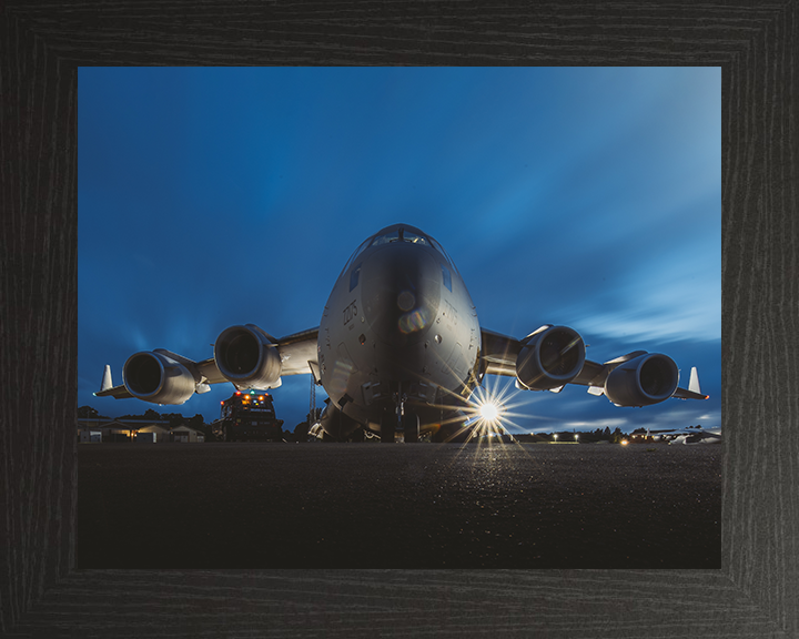 RAF C17 Globemaster after dusk Photo Print - Royal Air Force Aircraft Hampshire Prints 10 x 8 Black Frame No
