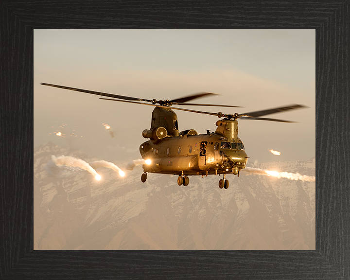 RAF Chinook Helicopter Over Afghanistan Firing Flares Photo Print - Royal Air Force Aircraft Hampshire Prints 10 x 8 Black Frame No