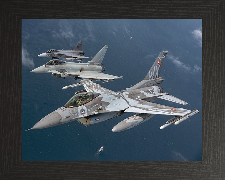 RAF Typhoon an F-16 and Gripen Jets Photo Print - Royal Air Force Aircraft Hampshire Prints 10 x 8 Black Frame No