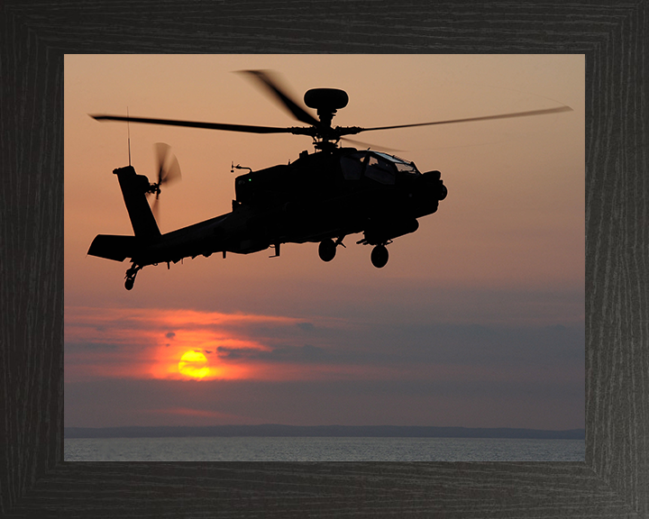 Army Apache Helicopter Silhouette at sunset Photo Print - British Army Hampshire Prints 10 x 8 Black Frame No