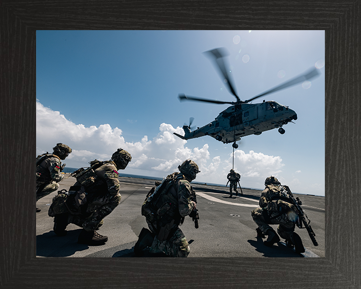 Royal Marines Fast Rope from a Merlin Photo Print - 42 Commando Hampshire Prints 10 x 8 Black Frame No