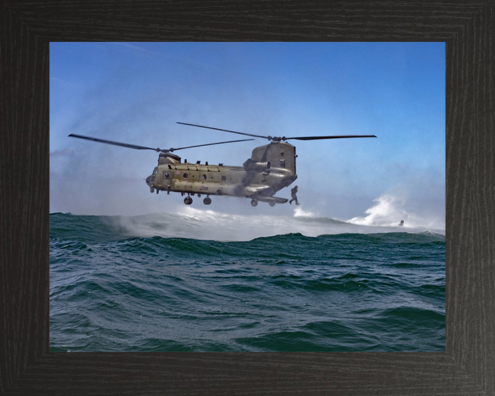 Royal Marine Commando helocasting from a Chinook Photo Print - 40 Commando Hampshire Prints 10 x 8 Black Frame No