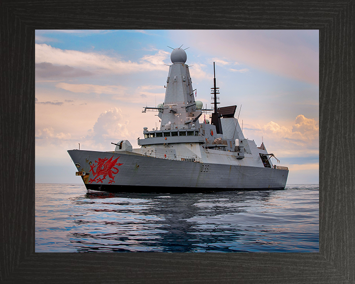 HMS Dragon (D35) Royal Navy Type 45 Destroyer Port Side View At Sunset Photo Print Wall Art Decor Posters, Prints, & Visual Artwork Hampshire Prints 10 x 8 Black Frame No