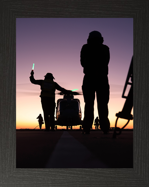 Merlin Helicopter on a Flight Deck with Crew Photo Print - Royal Navy Aircraft Hampshire Prints 10 x 8 Black Frame No