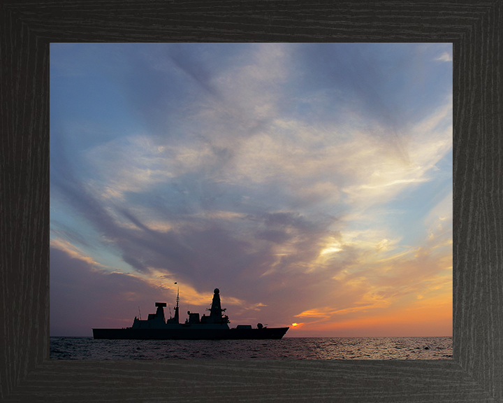 HMS Dragon (D35) Photo Print - Sunset Silhouette 2013 - Royal Navy Type 45 Destroyer Hampshire Prints 10 x 8 Black Frame No