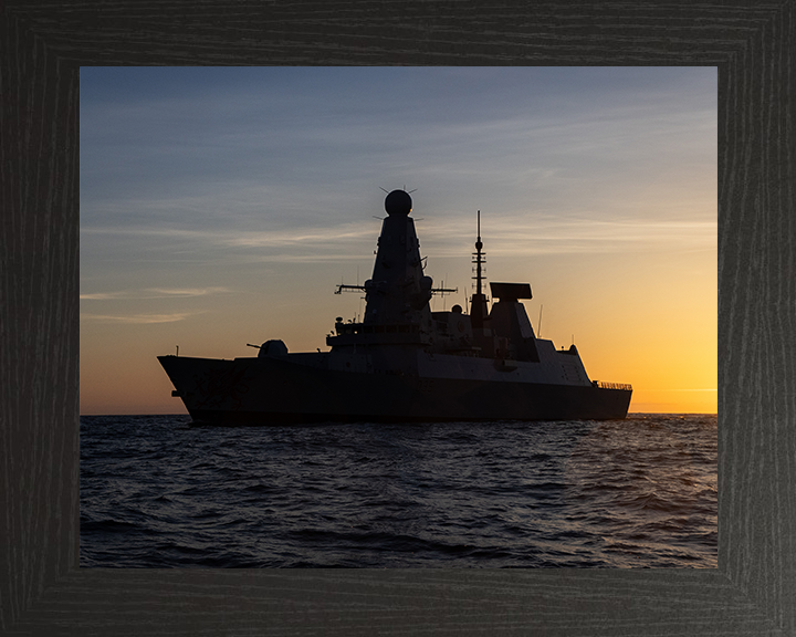 HMS Dragon (D35) Photo Print - Port Side at Sunset - Royal Navy Type 45 Destroyer Hampshire Prints 10 x 8 Black Frame No