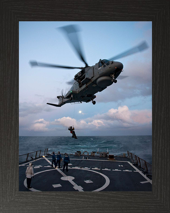 Merlin HM MK1 Helicopter Winching Photo Print - Royal Navy Aircraft Hampshire Prints 10 x 8 Black Frame No