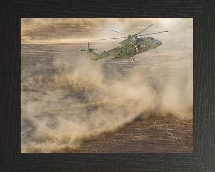 RAF Merlin Helicopter takes off creating a dust cloud Photo Print - Royal Air Force Aircraft Hampshire Prints 10 x 8 Black Frame No