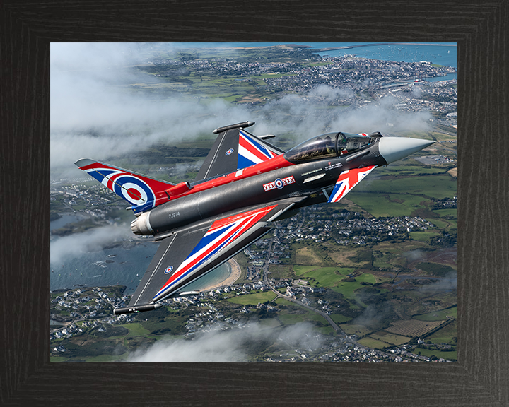 RAF Typhoon Union Jack livery over the Menai Straits Photo Print - Royal Air Force Aircraft Hampshire Prints 10 x 8 Black Frame No