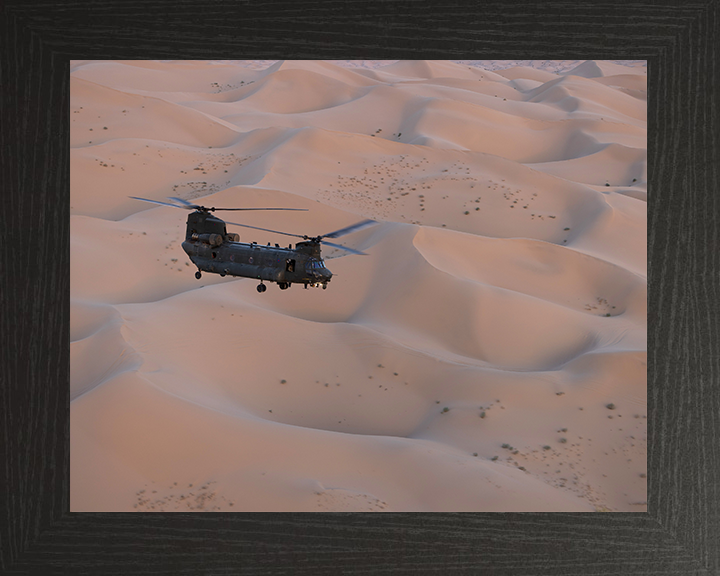 RAF Chinook Over Helicopter sand Dunes Photo Print - Royal Air Force Aircraft Hampshire Prints 10 x 8 Black Frame No