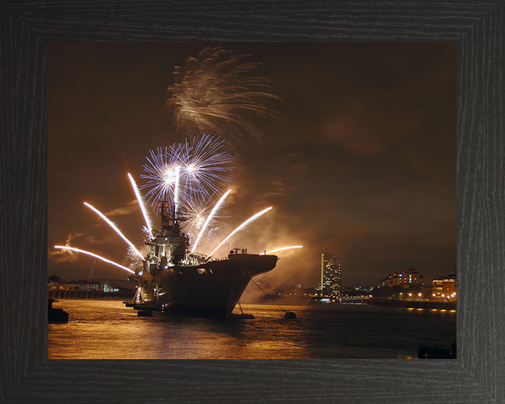 HMS Illustrious (R06) Photo Print - With fireworks 2009 - Royal Navy Invincible Class Aircraft Carrier Hampshire Prints 10 x 8 Black Frame No