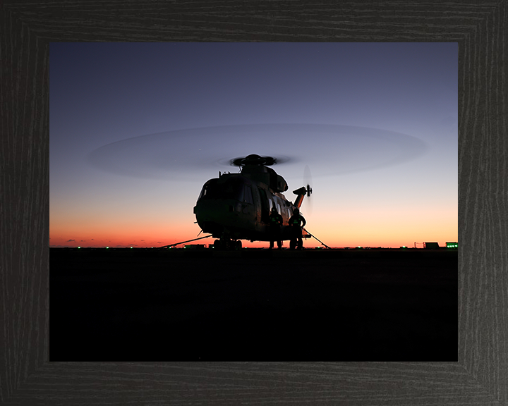 Merlin Helicopter at Sunset on a Flight Deck Photo Print - Royal Navy Aircraft Hampshire Prints 10 x 8 Black Frame No