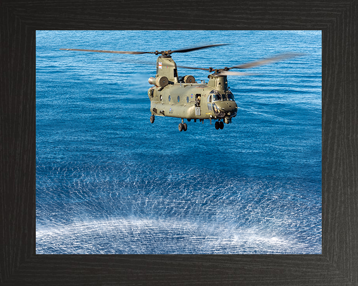RAF Chinook Helicopter Hovering over sea Photo Print - Royal Air Force Aircraft Hampshire Prints 10 x 8 Black Frame No