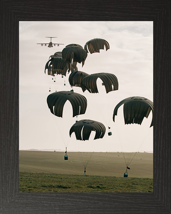 RAF A400M Atlas Dropping Containers by Parchute Photo Print Royal Air Force Aircraft Wall Art Posters, Prints, & Visual Artwork Hampshire Prints 10 x 8 Black Frame No