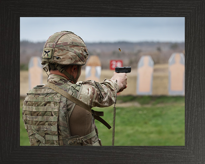 Royal Gurkha Rifleman firing a pistol Photo Print - British Army Hampshire Prints 10 x 8 Black Frame No