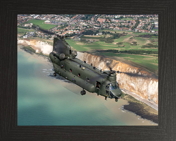 RAF Chinook Helicopter Over the English Coast Photo Print - Royal Air Force Aircraft Hampshire Prints 10 x 8 Black Frame No