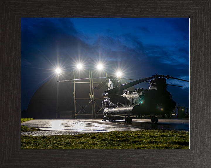 RAF Chinook Helicopter Outside a Hanger at Night Photo Print Royal Air Force Aircraft Wall Art Aviation Decor Posters, Prints, & Visual Artwork Hampshire Prints 10 x 8 Black Frame No