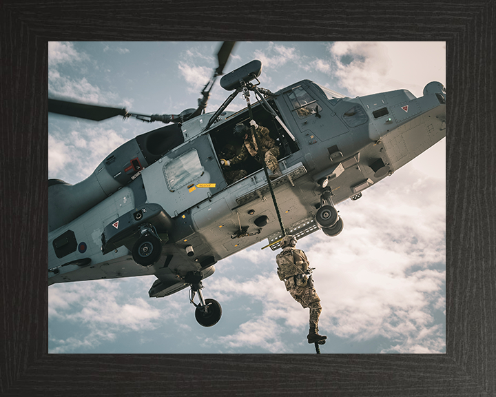 Royal Marine Commando fast roping from a Wildcat Helicopter Photo Prin ...
