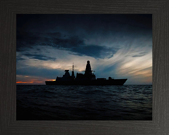 HMS Defender (D36) Photo Print - Silhouette at Sunset - Royal Navy Type 45 Destroyer Hampshire Prints 10 x 8 Black Frame No